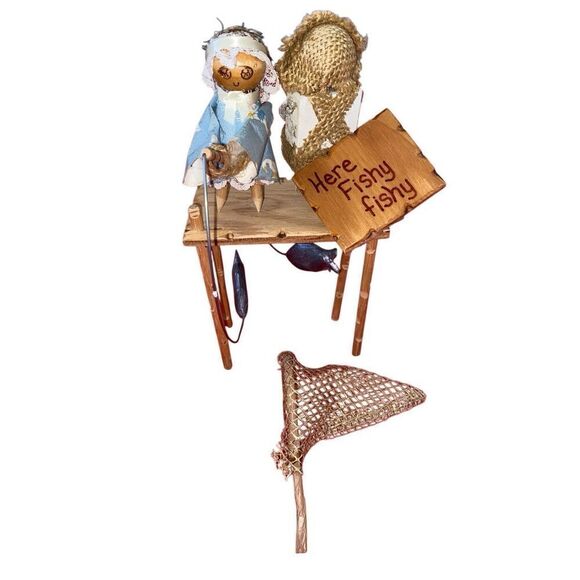 Handmade Rustic Man Woman Fishing Dock Figurines Fisherman Sculpture Collectible